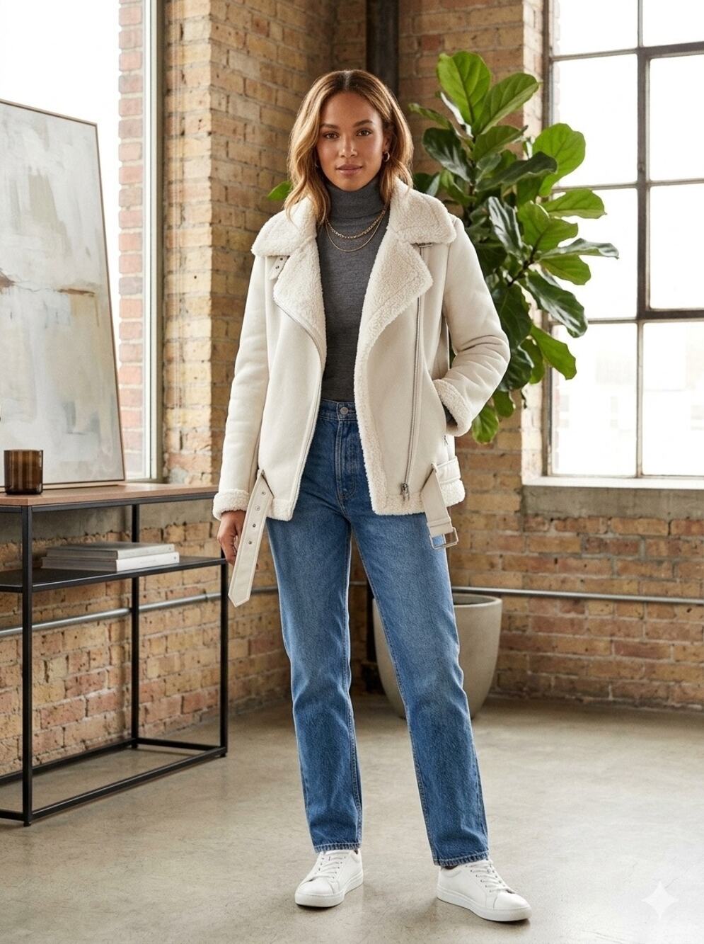 ZARA Off-White Faux Leather Faux Fur Shearling Aviator Moto Jacket Size Large